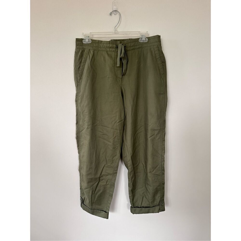 Talbots Womens Pull On Pants 6 Army Green Roll Tab Hem Elastic Waist Mid‎ Rise